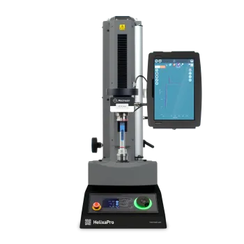 HelixaPro Touch precision automated torque tester with VectorPro software on touchscreen console and medical vial/packaging test application